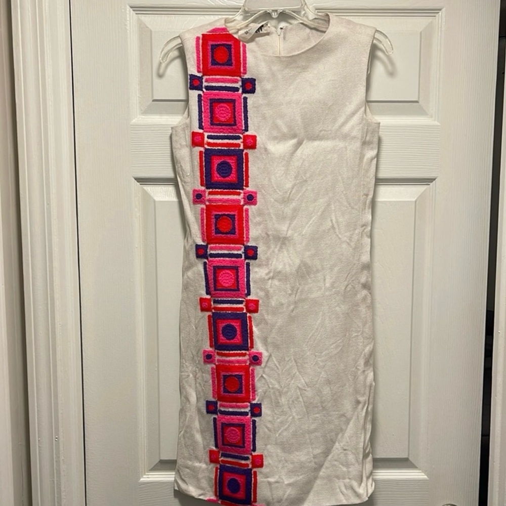 Stylish White Dress with Pink and Purple Accents